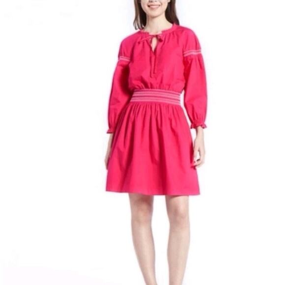 Zara Fuschia Pink Smocked Embroidered Puff Sleeve Tassels Mini Dress Size Large‎ - Picture 2 of 10